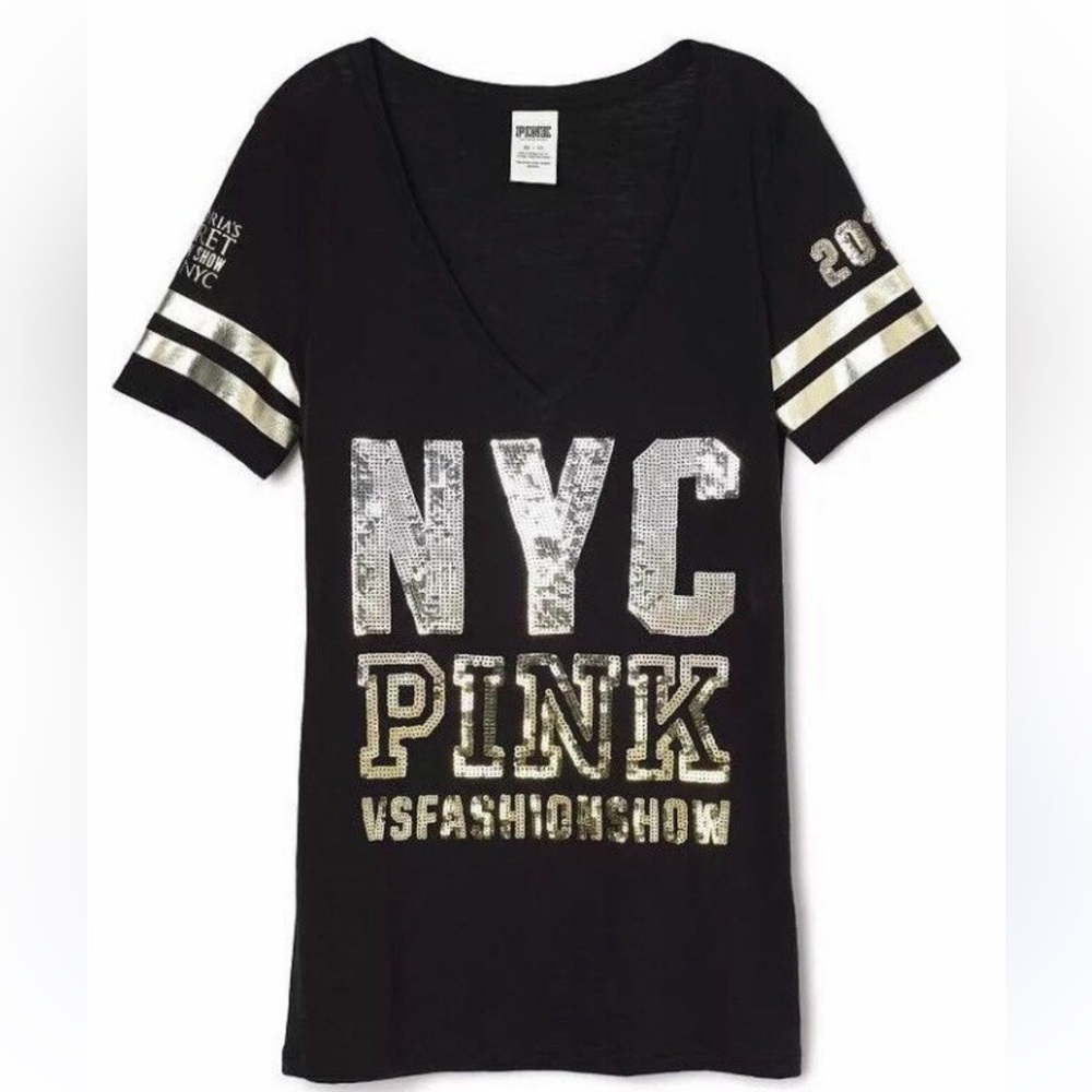 4C VICTORIA'S SECRET PINK NYC Fashion Show 2015 Tee Silver Gold Bling Black
